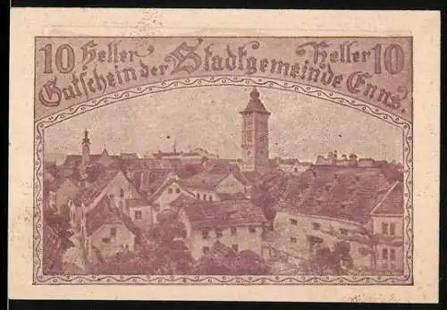 Notgeld Enns 1920, 10 Heller, Stadtansicht mit Turm und Wappen der Stadtgemeinde Enns