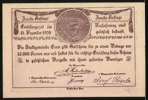 Notgeld Enns 1920, 10 Heller, Stadtansicht mit Turm und Wappen der Stadtgemeinde Enns