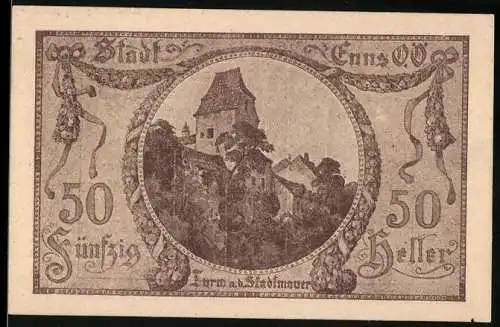 Notgeld Enns 1920, 50 Heller, Burgansicht und Stadtwappen