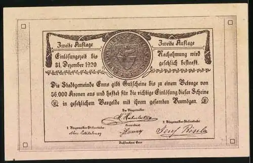 Notgeld Enns 1920, 50 Heller, Burgansicht und Stadtwappen