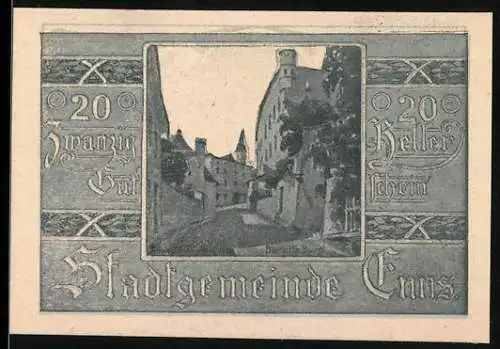 Notgeld Enns 1920, 20 Heller, Burgstrasse-Motiv, Wappen der Stadtgemeinde Enns