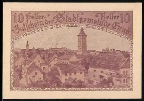 Notgeld Enns 1920, 10 Heller, Stadtansicht und Stadtwappen