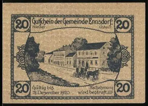 Notgeld Ennsdorf 1920, 20 Heller, Stadtansicht und florales Wappen