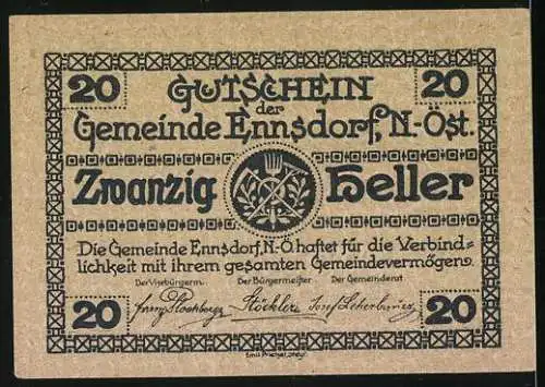 Notgeld Ennsdorf 1920, 20 Heller, Stadtansicht und florales Wappen