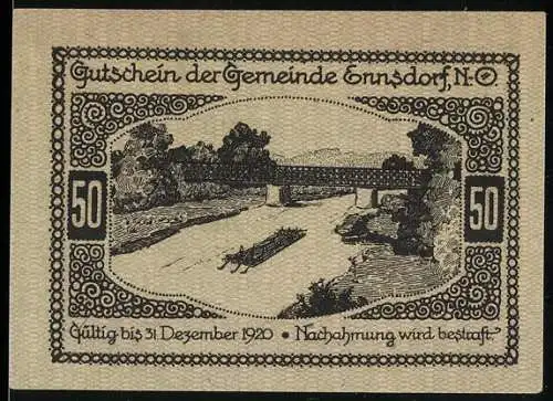 Notgeld Ennsdorf 1920, 50 Heller, Brückenmotiv und Wappenornament