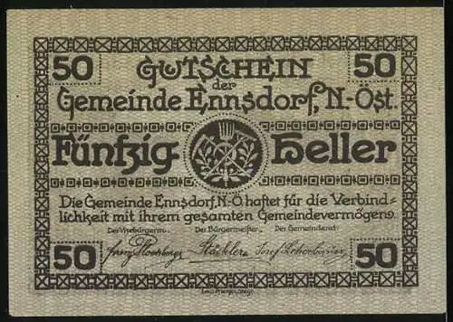 Notgeld Ennsdorf 1920, 50 Heller, Brückenmotiv und Wappenornament