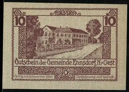 Notgeld Ennsdorf 1920, 10 Heller, Gebäude und Bäume, Gemeindewappen