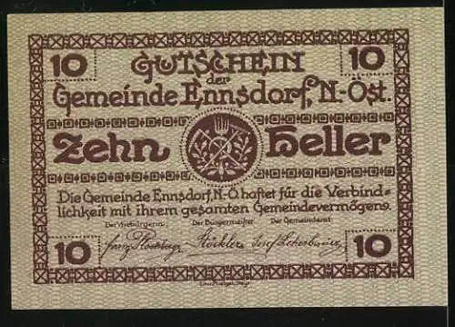 Notgeld Ennsdorf 1920, 10 Heller, Gebäude und Bäume, Gemeindewappen