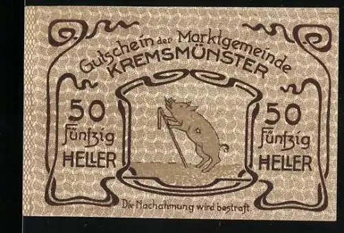 Notgeld Kremsmünster 1920, 50 Heller, Schwein mit Stock und Gebäudeansicht