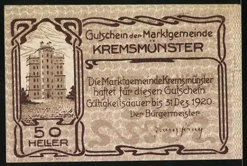 Notgeld Kremsmünster 1920, 50 Heller, Schwein mit Stock und Gebäudeansicht