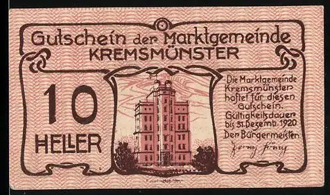 Notgeld Kremsmünster 1920, 10 Heller, Gebäude und Schwein