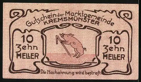 Notgeld Kremsmünster 1920, 10 Heller, Gebäude und Schwein