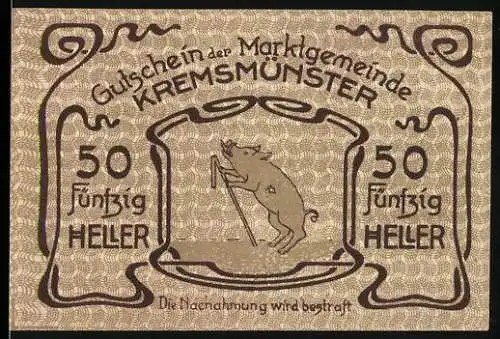 Notgeld Kremsmünster 1920, 50 Heller, springendes Schwein und Gebäudeansicht