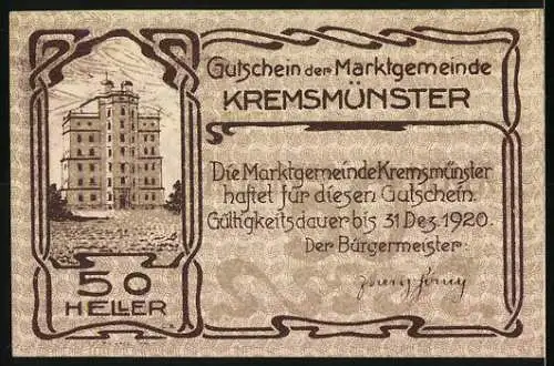 Notgeld Kremsmünster 1920, 50 Heller, springendes Schwein und Gebäudeansicht