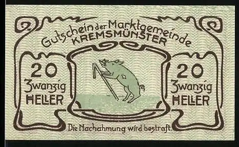 Notgeld Kremsmünster 1920, 20 Heller, Schwein mit Krücke und Gebäude, Gültigkeit bis 31. Dezember 1920