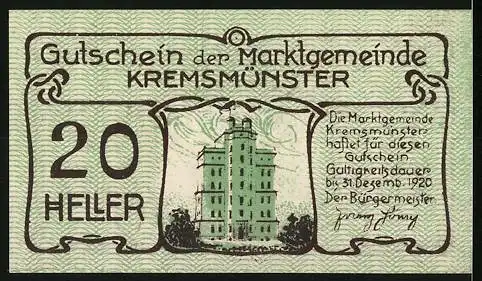 Notgeld Kremsmünster 1920, 20 Heller, Schwein mit Krücke und Gebäude, Gültigkeit bis 31. Dezember 1920