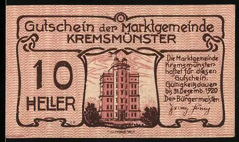 Notgeld Kremsmünster 1920, 10 Heller, Gebäude und Schwein