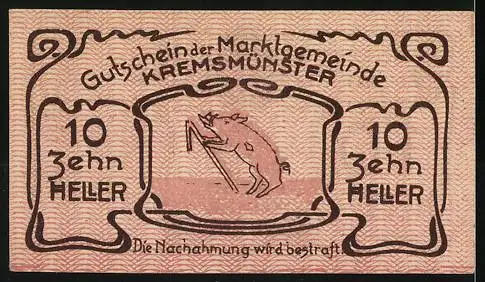 Notgeld Kremsmünster 1920, 10 Heller, Gebäude und Schwein