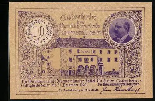 Notgeld Kremsmünster 1920, 10 Heller, Rathaus und Herrengasse, Porträt von Franz Dutzler, Wappen mit Wildschwein