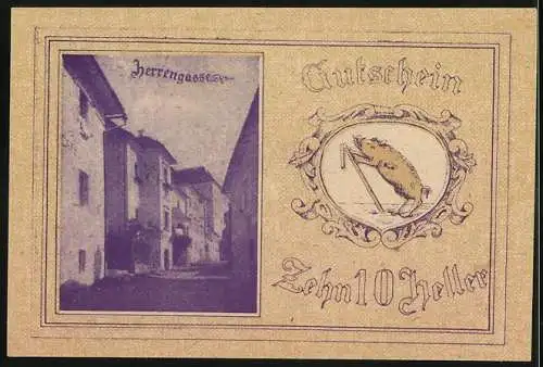 Notgeld Kremsmünster 1920, 10 Heller, Rathaus und Herrengasse, Porträt von Franz Dutzler, Wappen mit Wildschwein