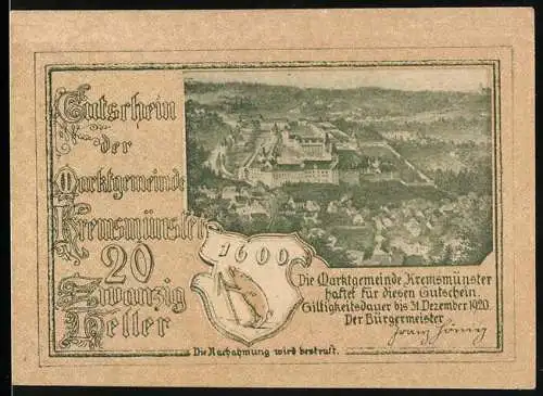 Notgeld Kremsmünster 1920, 20 Heller, Klosteransicht und Guntherdenkmal