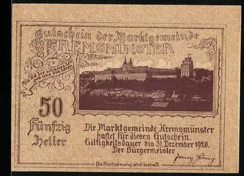 Notgeld Kremsmünster 1920, 50 Heller, Klosteransicht und Herzog Tassilo von Bayern auf Jagd