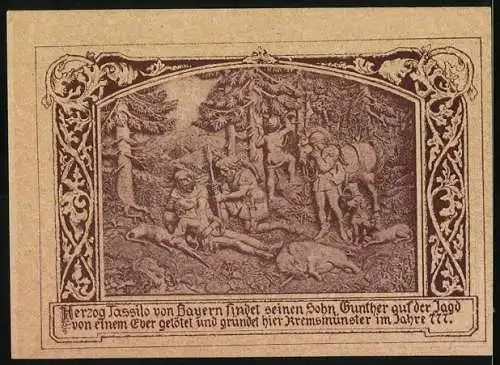 Notgeld Kremsmünster 1920, 50 Heller, Klosteransicht und Herzog Tassilo von Bayern auf Jagd