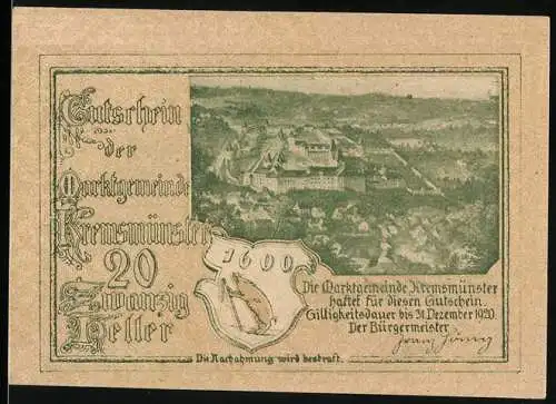 Notgeld Kremsmünster 1920, 20 Heller, Luftbild und Guntherdenkmal, Seriennummer, Wappen