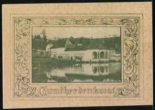 Notgeld Kremsmünster 1920, 20 Heller, Luftbild und Guntherdenkmal, Seriennummer, Wappen