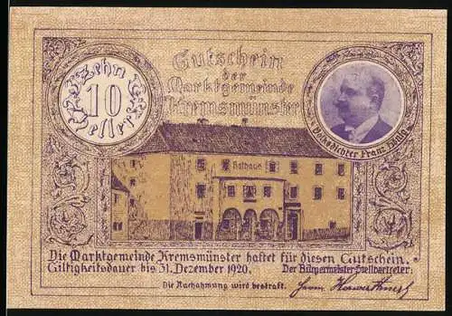 Notgeld Kremsmünster 1920, 10 Heller, Rathaus und Herrengasse, Portrait von Franz Dullnig, Eber im Wappen