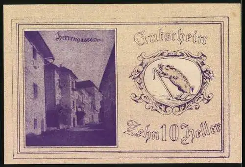 Notgeld Kremsmünster 1920, 10 Heller, Rathaus und Herrengasse, Portrait von Franz Dullnig, Eber im Wappen