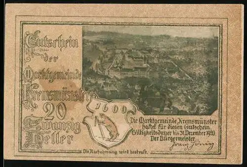 Notgeld Kremsmünster 1920, 20 Heller, Stadtansicht und Guntherdenkmal