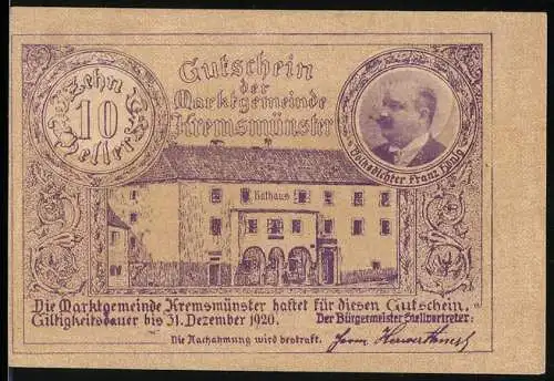 Notgeld Kremsmünster 1920, 10 Heller, Rathaus und Herrengasse, Franz Dallos Porträt, Wildschweinmotiv