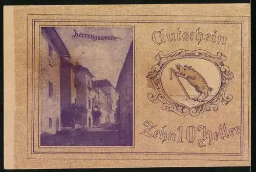 Notgeld Kremsmünster 1920, 10 Heller, Rathaus und Herrengasse, Franz Dallos Porträt, Wildschweinmotiv