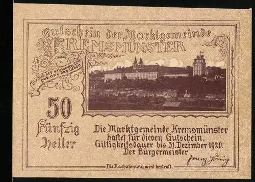 Notgeld Kremsmünster 1920, 50 Heller, Klosteransicht und Jagdszene mit Herzog Tassilo von Bayern