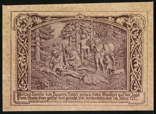 Notgeld Kremsmünster 1920, 50 Heller, Klosteransicht und Jagdszene mit Herzog Tassilo von Bayern