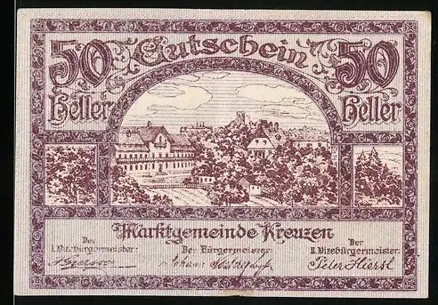 Notgeld Kreuzen, 50 Heller, Stadtansicht mit Gebäuden und Landschaft