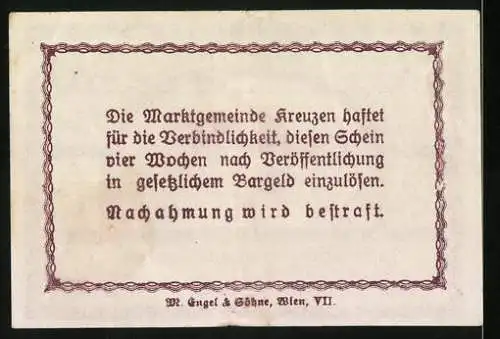 Notgeld Kreuzen, 50 Heller, Stadtansicht mit Gebäuden und Landschaft