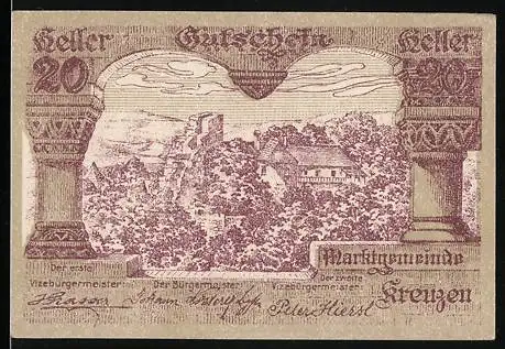 Notgeld Kreuzen, 20 Heller, Burgmotiv und Text über Einlösung von M. Engel & Söhne, Wien