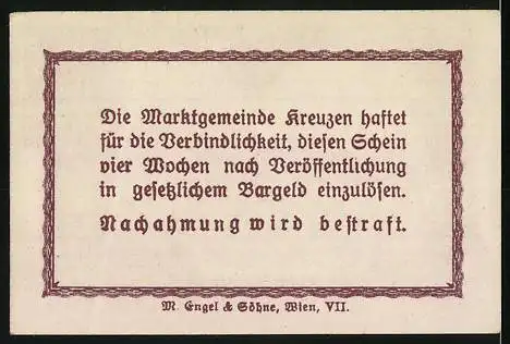 Notgeld Kreuzen, 20 Heller, Burgmotiv und Text über Einlösung von M. Engel & Söhne, Wien