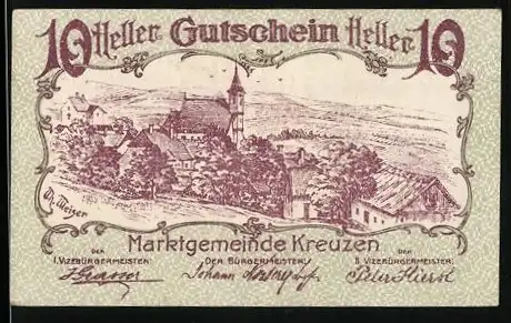 Notgeld Kreuzen, 10 Heller, Dorfansicht mit Kirche und Landschaft, 1920er Jahre