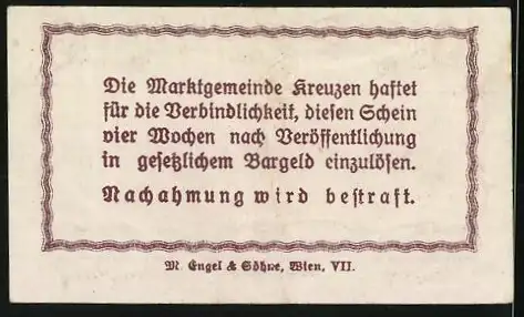 Notgeld Kreuzen, 10 Heller, Dorfansicht mit Kirche und Landschaft, 1920er Jahre