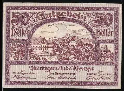 Notgeld Kreuzen, 50 Heller, Stadtansicht mit Burg und Gebäuden, Ausgabe durch Marktgemeinde