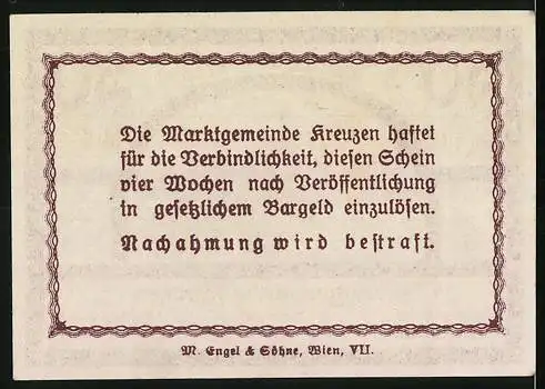 Notgeld Kreuzen, 50 Heller, Stadtansicht mit Burg und Gebäuden, Ausgabe durch Marktgemeinde