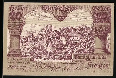 Notgeld Kreuzen, 20 Heller, Burg und Landschaft zwischen Säulen, 1920er Jahre