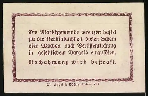 Notgeld Kreuzen, 20 Heller, Burg und Landschaft zwischen Säulen, 1920er Jahre