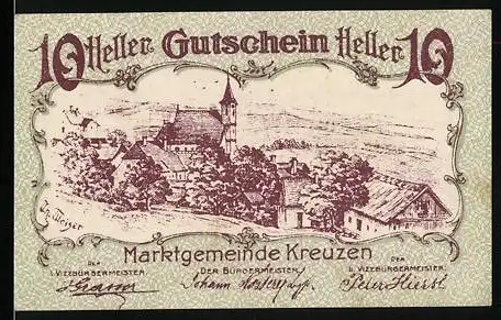 Notgeld Kreuzen, 10 Heller, Dorflandschaft mit Kirche und Häusern