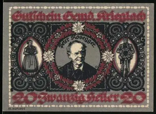 Notgeld Krieglach 1920, 20 Heller, Porträt von Peter Rosegger und Trachtenfiguren, Denkmalabbildung