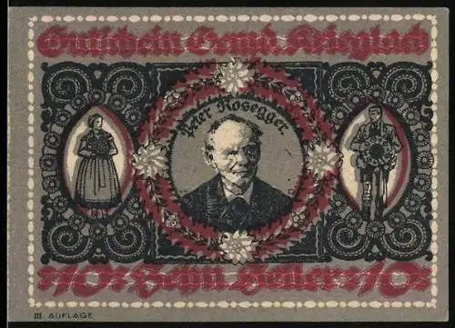 Notgeld Krieglach, 10 Heller, Portrait Peter Rosegger und ländliche Szenerien