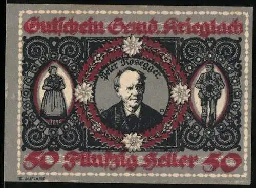 Notgeld Krieglach, 50 Heller, Porträt von Peter Rosegger und traditionelle Figuren, Kirche im Hintergrund